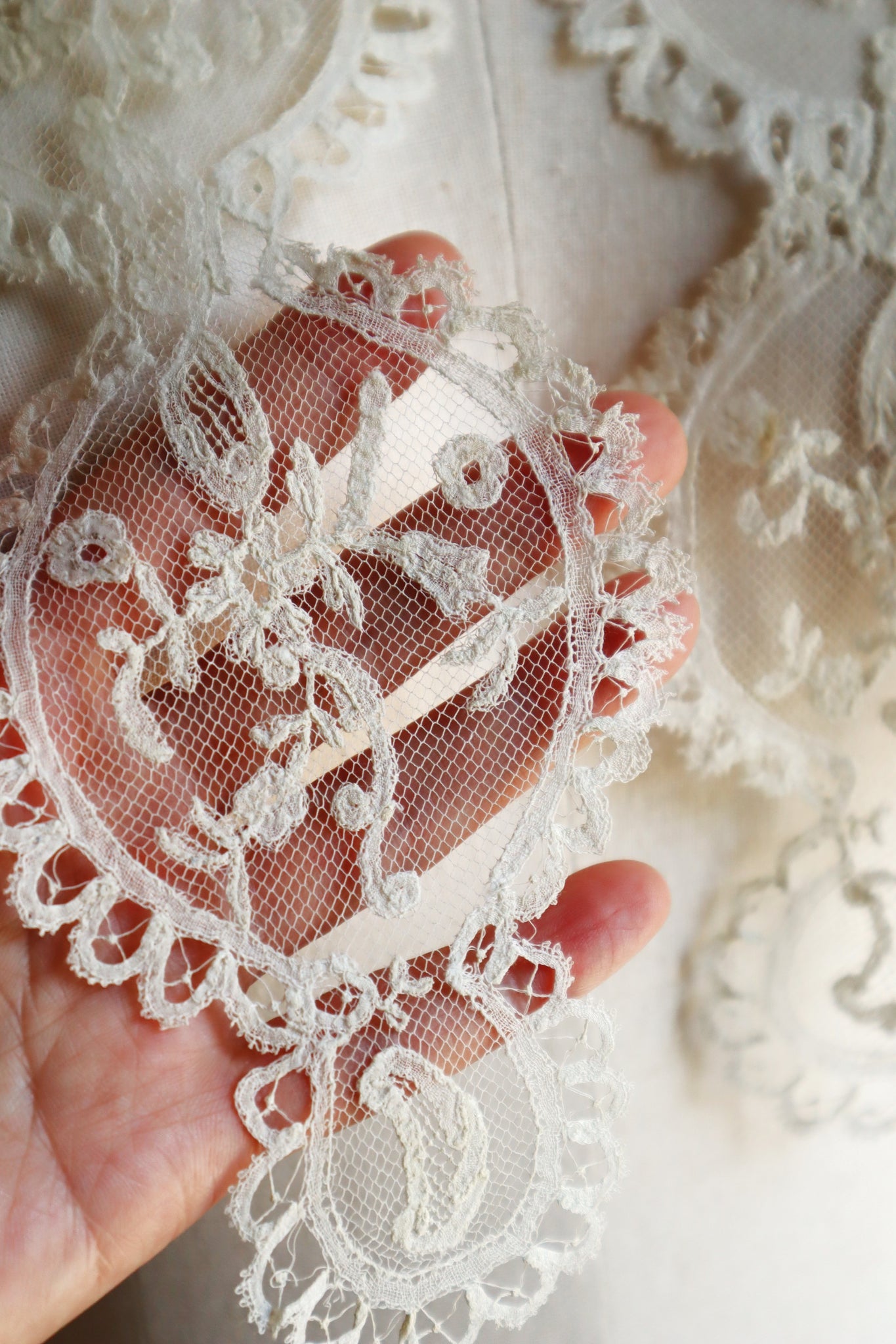1880s–1900s Victorian Brussels Appliqué Lace Fall Cap