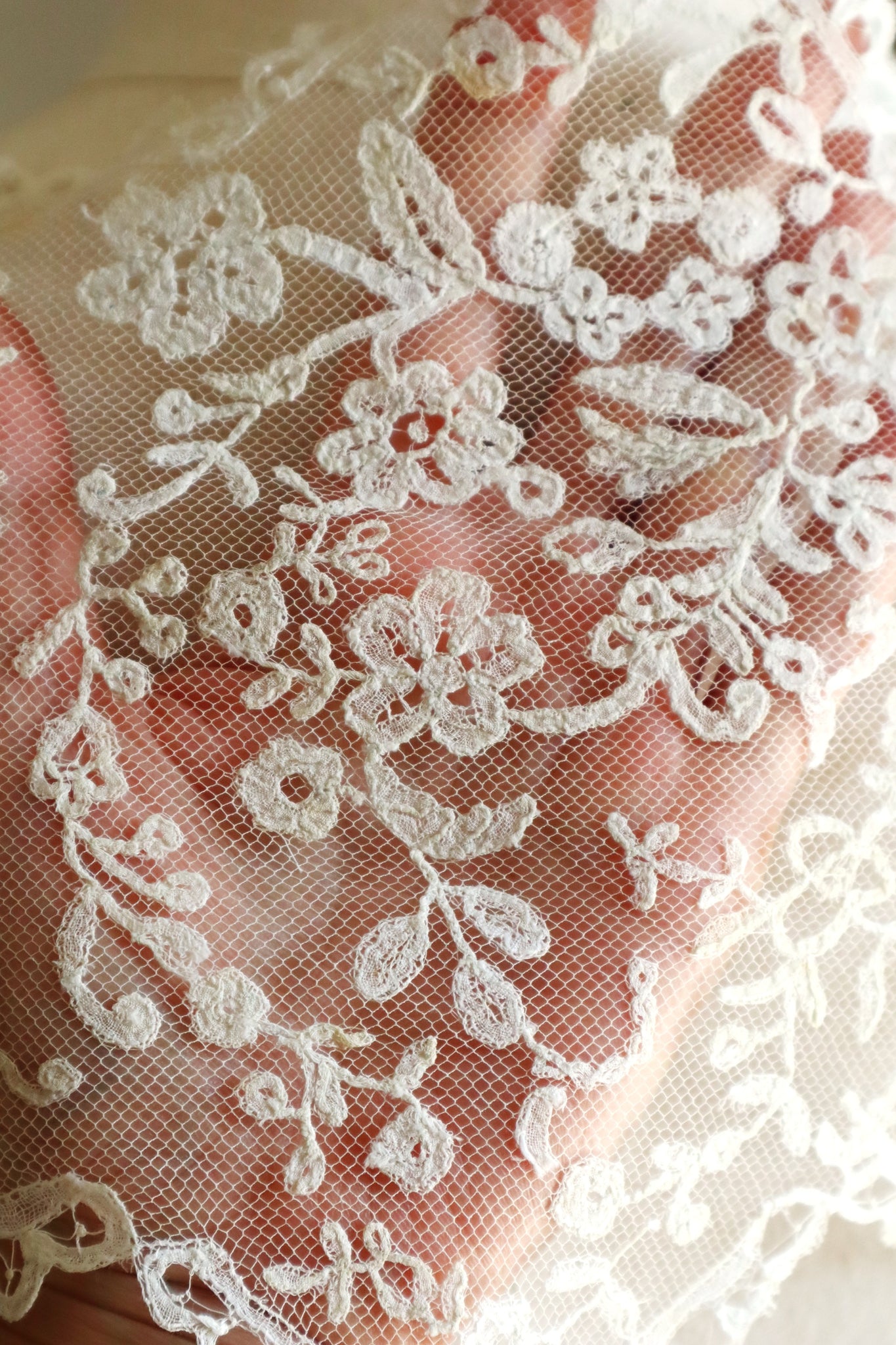 1880s–1900s Victorian Brussels Appliqué Lace Fall Cap