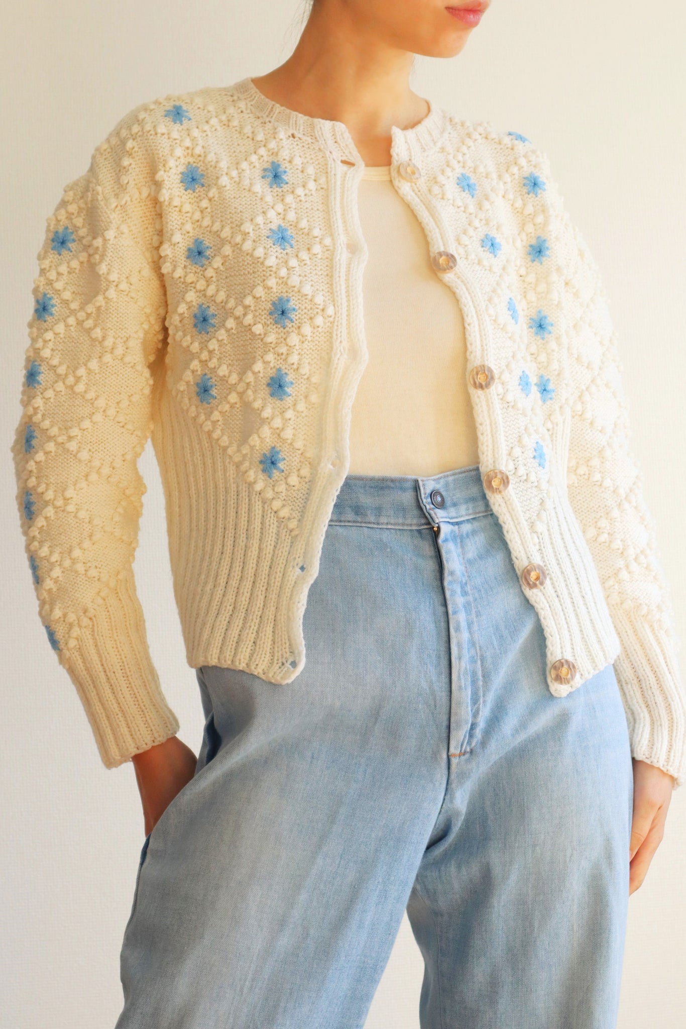 80s Blue Flower Embroidery Hand Knit Austrian Cardigan