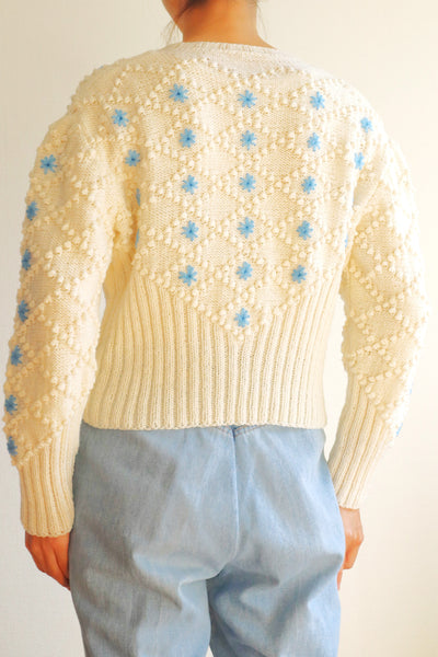 80s Blue Flower Embroidery Hand Knit Austrian Cardigan