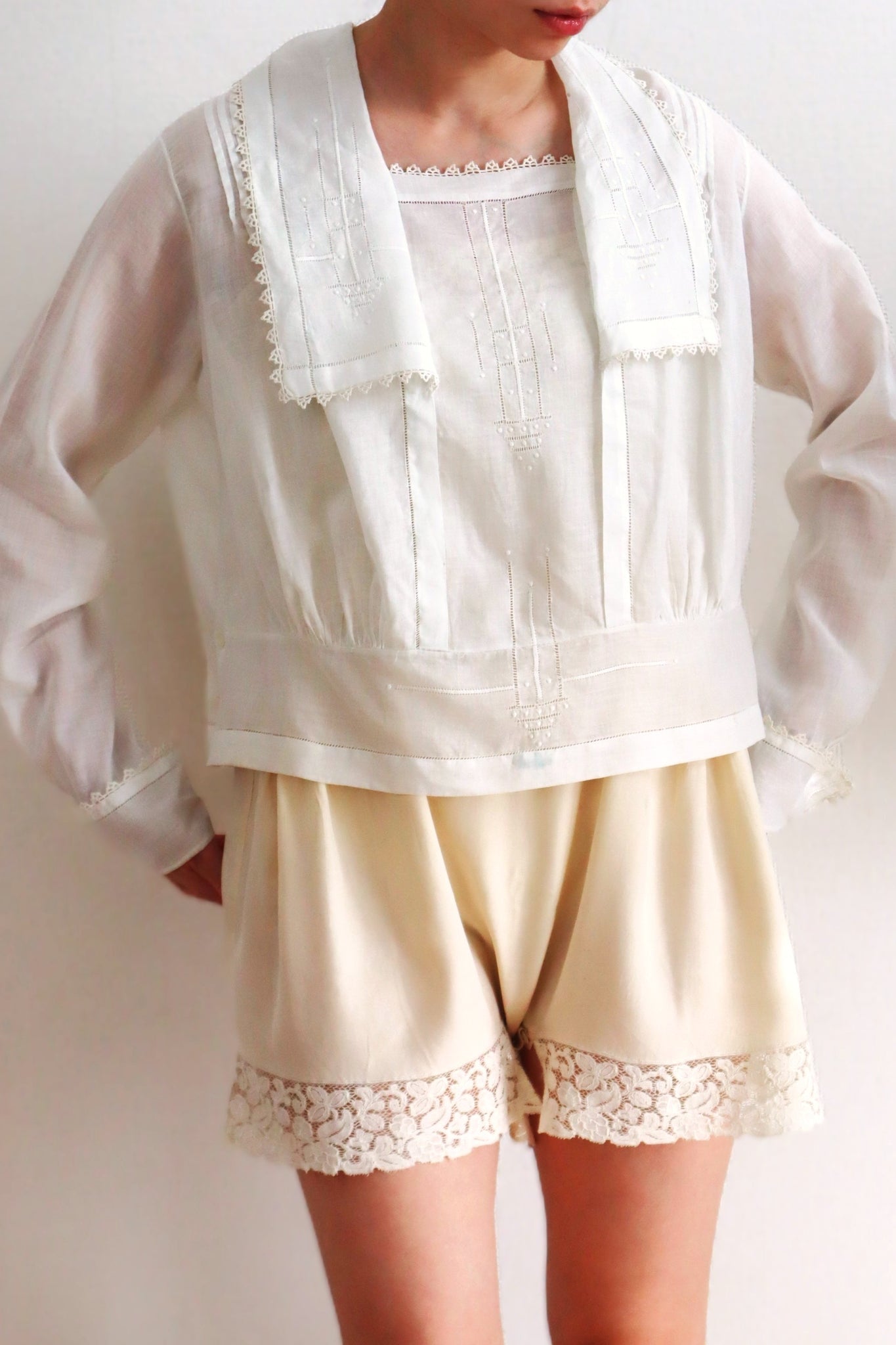 1910s Hand-Sewn White Cotton Drawnwork Sailor Blouse