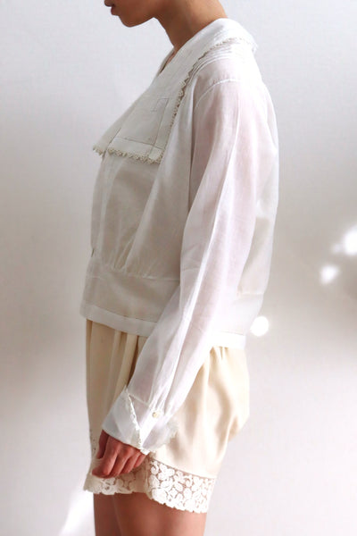 1910s Hand-Sewn White Cotton Drawnwork Sailor Blouse