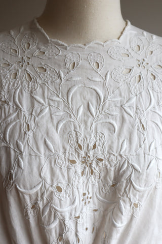 1900s Hand Embroidered White Linen Dress M