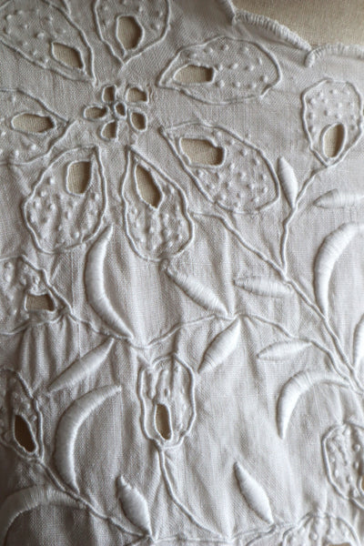 1900s Hand Embroidered White Linen Dress M