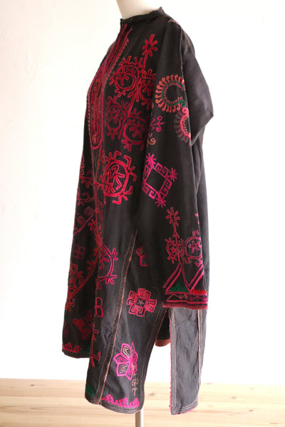 1930s Kohistani Hand Embroidered Tribal Tunic with Magenta Silk Stitching