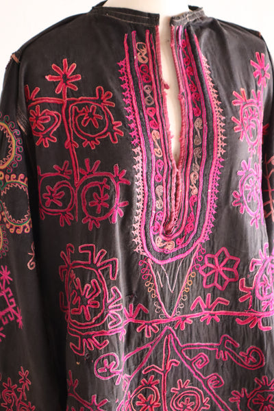 1930s Kohistani Hand Embroidered Tribal Tunic with Magenta Silk Stitching