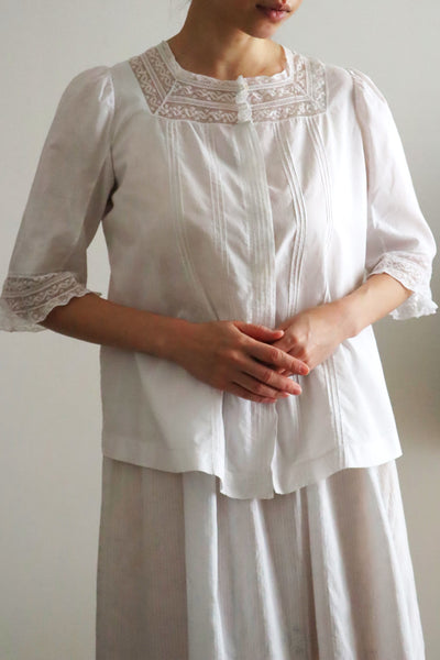 1930s French Cotton Blouse with Valenciennes Lace