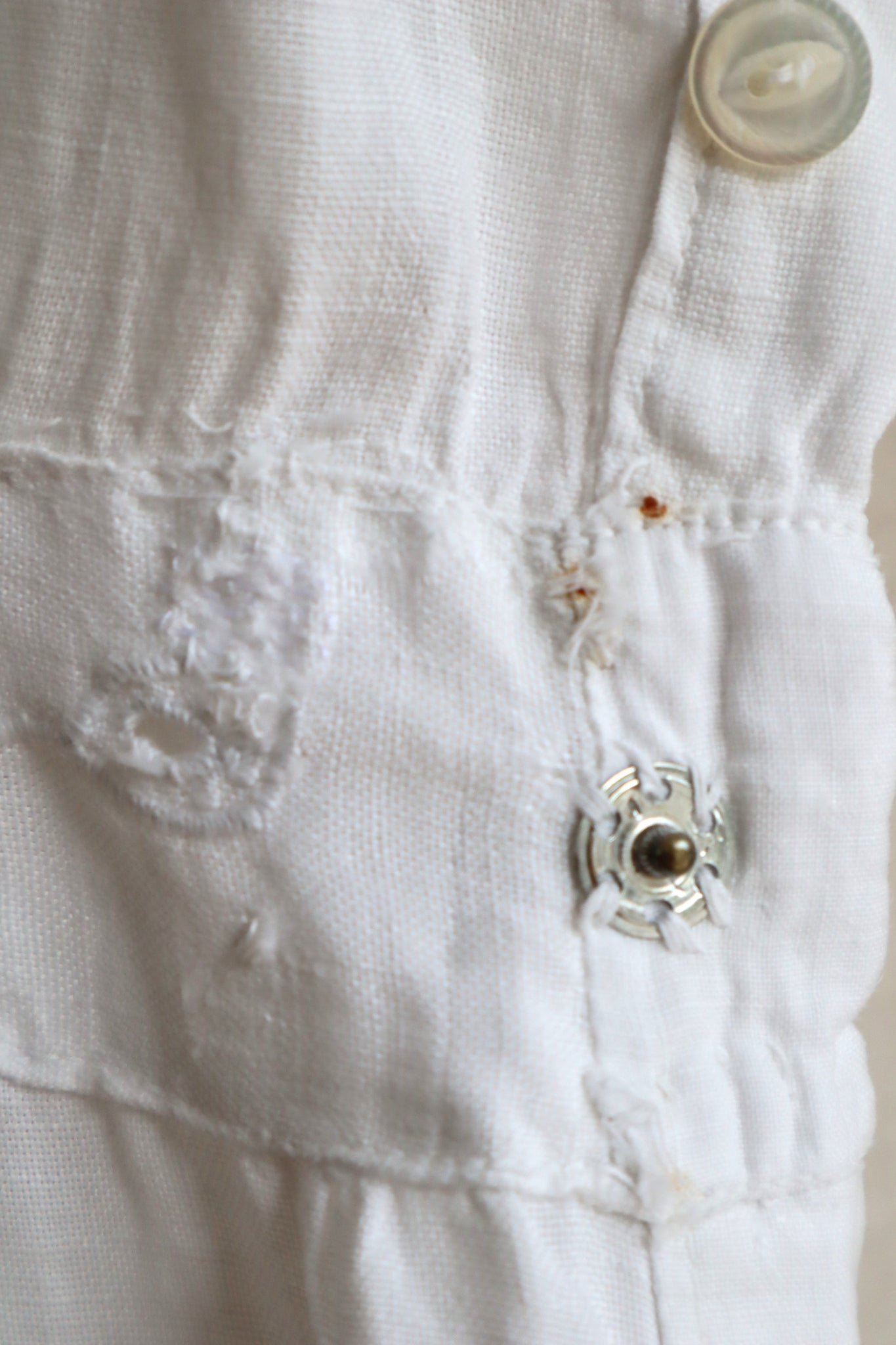 1900s Hand Embroidered White Linen Dress M