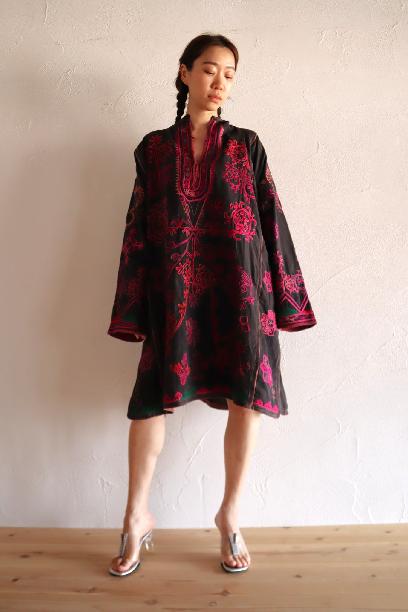 1930s Kohistani Hand Embroidered Tribal Tunic with Magenta Silk Stitching