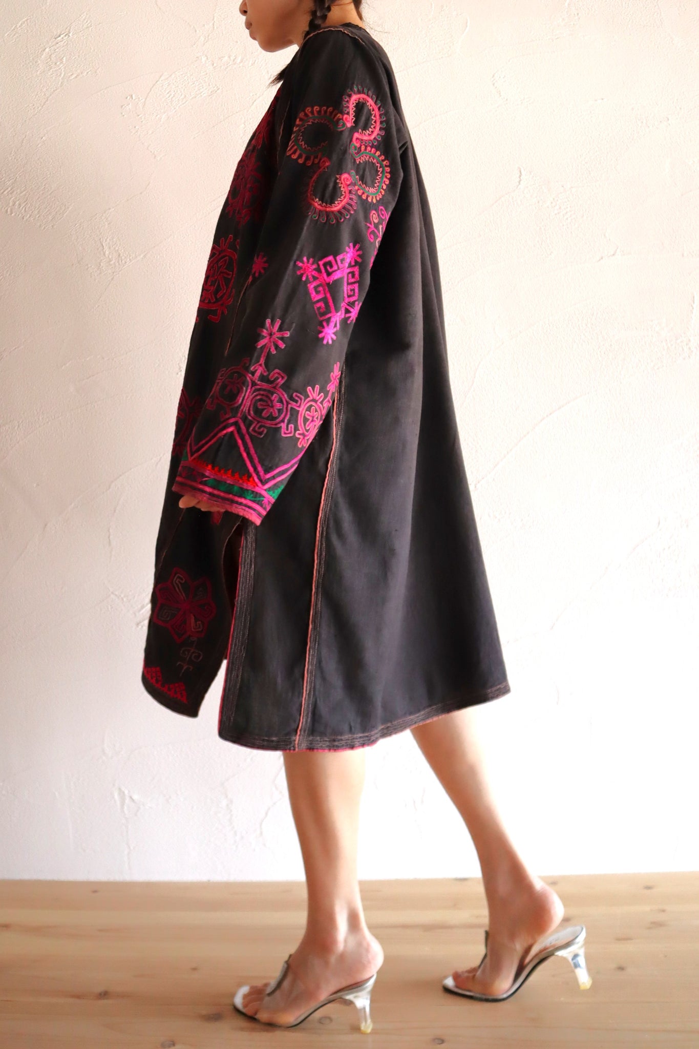 1930s Kohistani Hand Embroidered Tribal Tunic with Magenta Silk Stitching