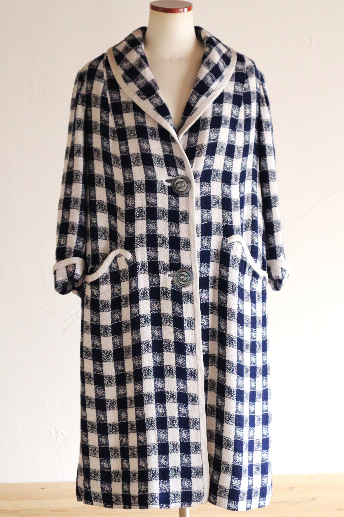 1950s–60s Navy and White Woven Check Coat