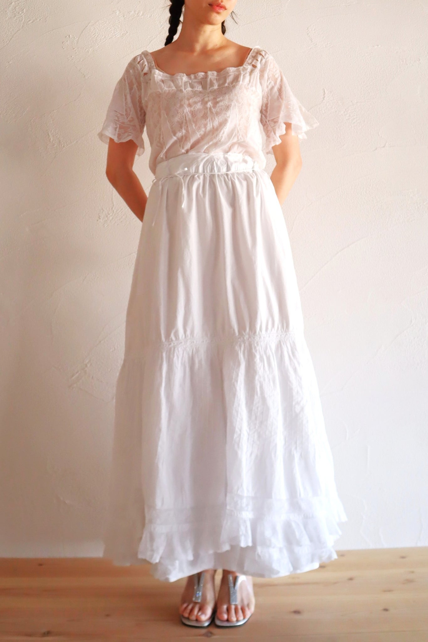 1900s French Valenciennes Lace Layered Cotton Petticoat Skirt
