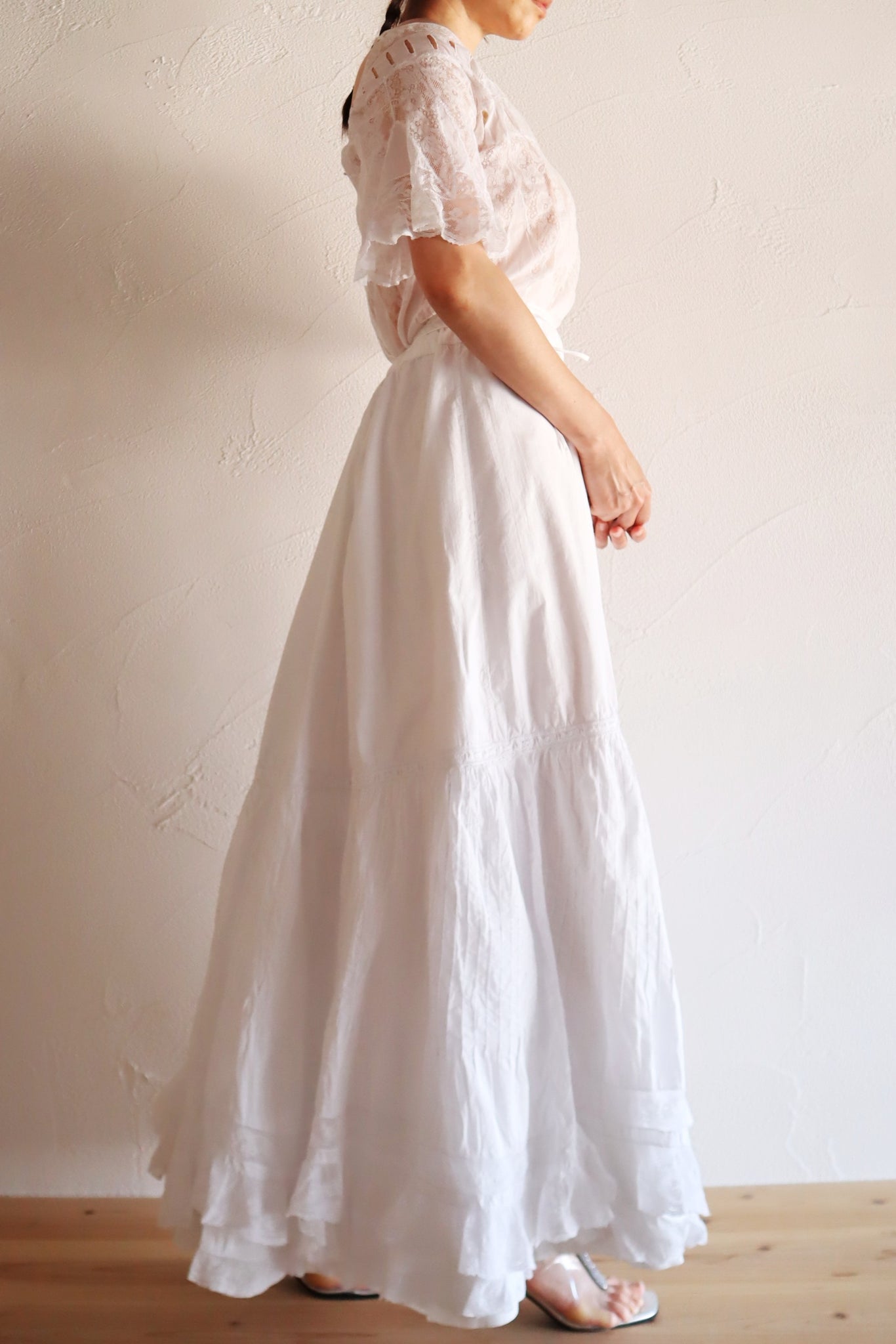 1900s French Valenciennes Lace Layered Cotton Petticoat Skirt