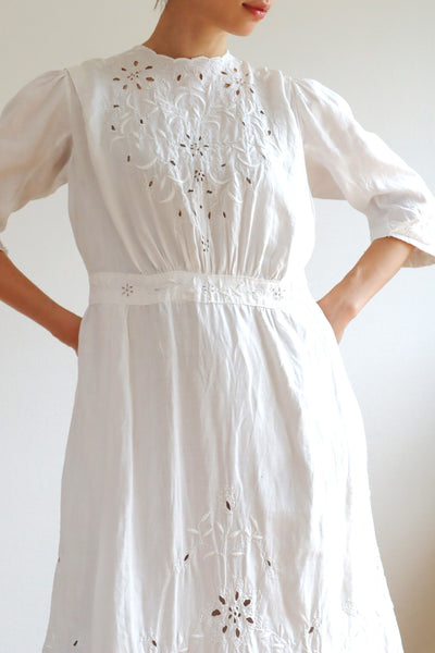 1900s Hand Embroidered White Linen Dress M