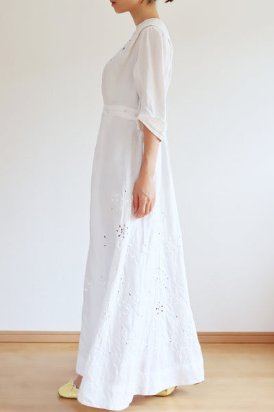 1900s Hand Embroidered White Linen Dress M