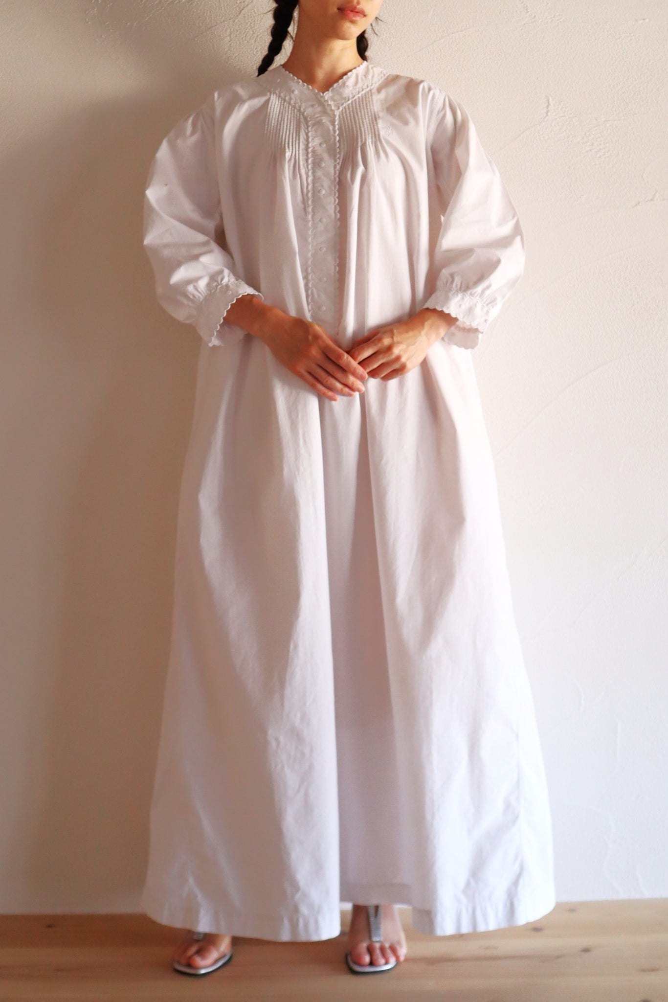 1900s French Hand-Sewn White Cotton Monogrammed Day Dress