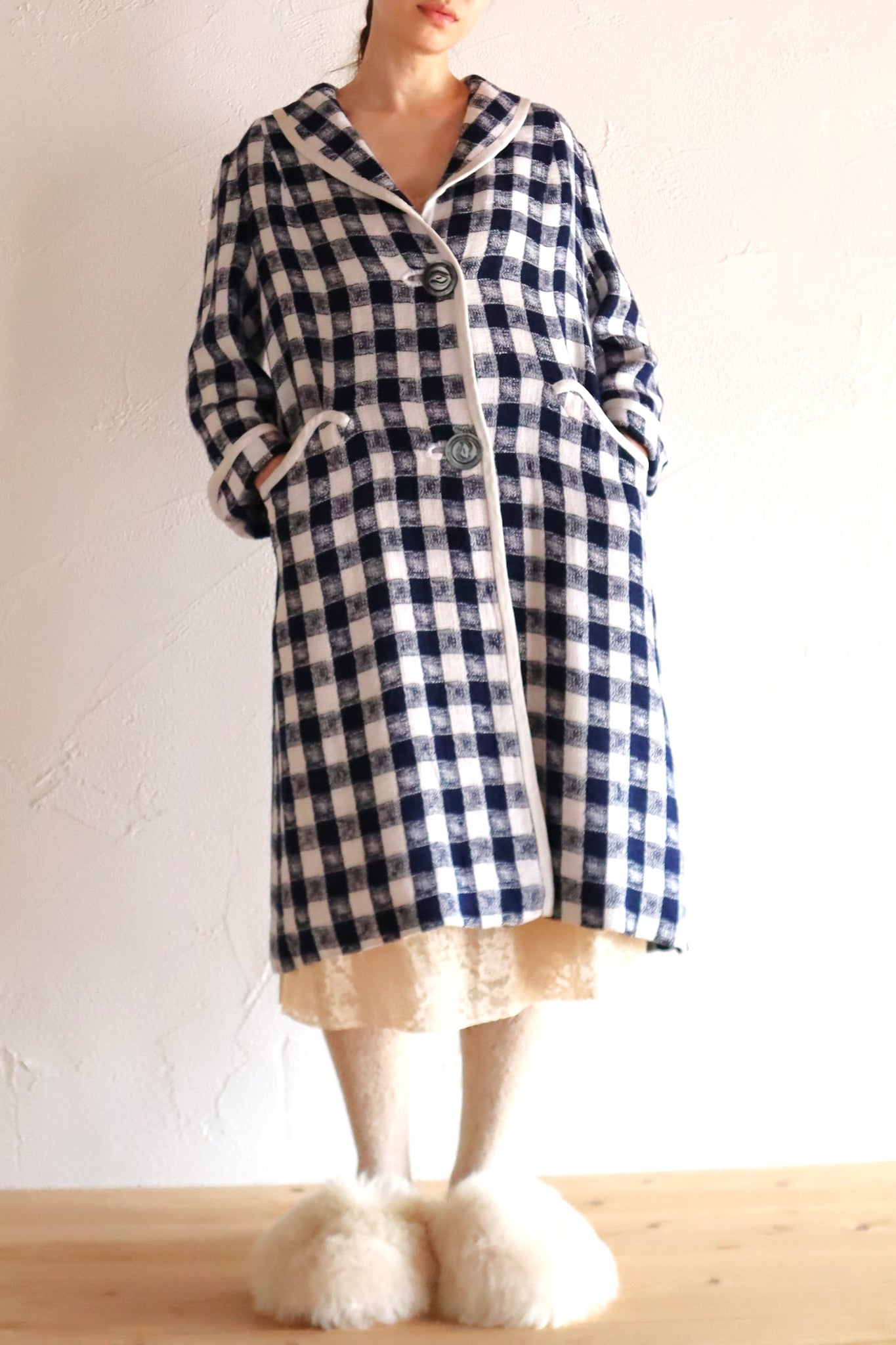 1950s–60s Navy and White Woven Check Coat