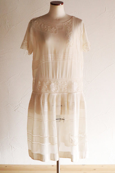 1920s Handwoven File Lace Insert Cotton Gauze Dress