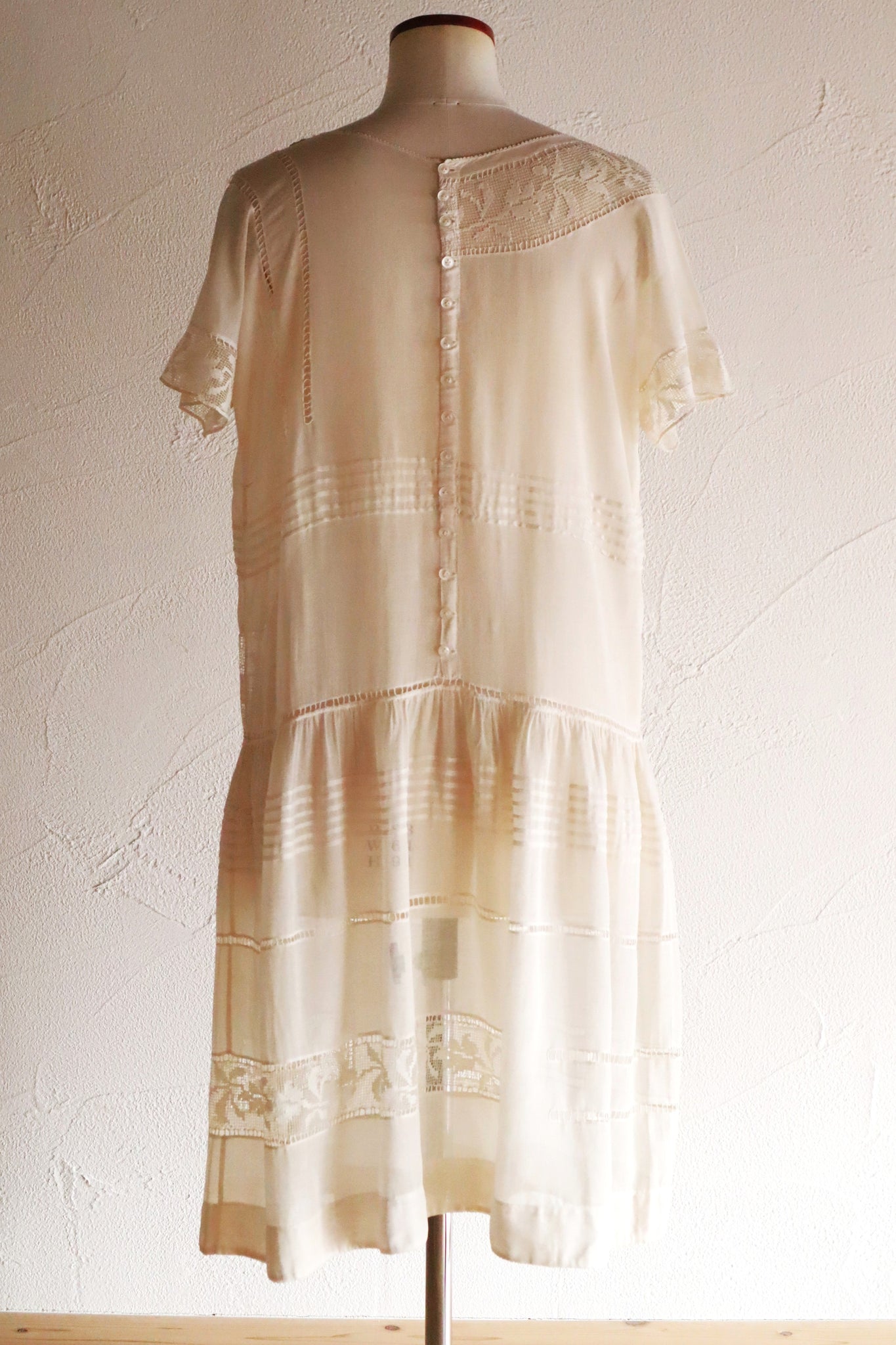 1920s Handwoven File Lace Insert Cotton Gauze Dress