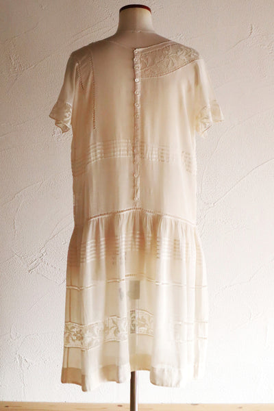 1920s Handwoven File Lace Insert Cotton Gauze Dress