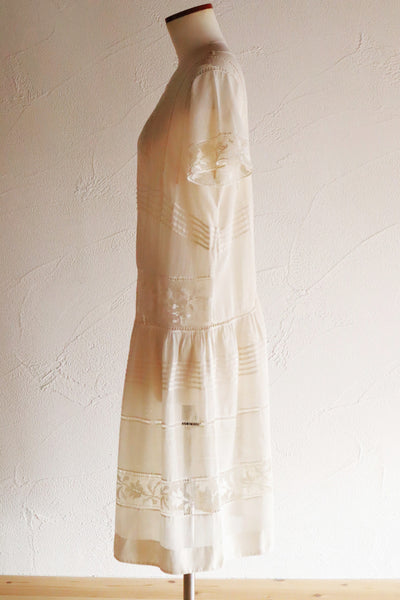 1920s Handwoven File Lace Insert Cotton Gauze Dress