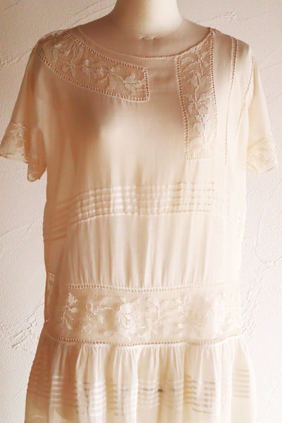 1920s Handwoven File Lace Insert Cotton Gauze Dress
