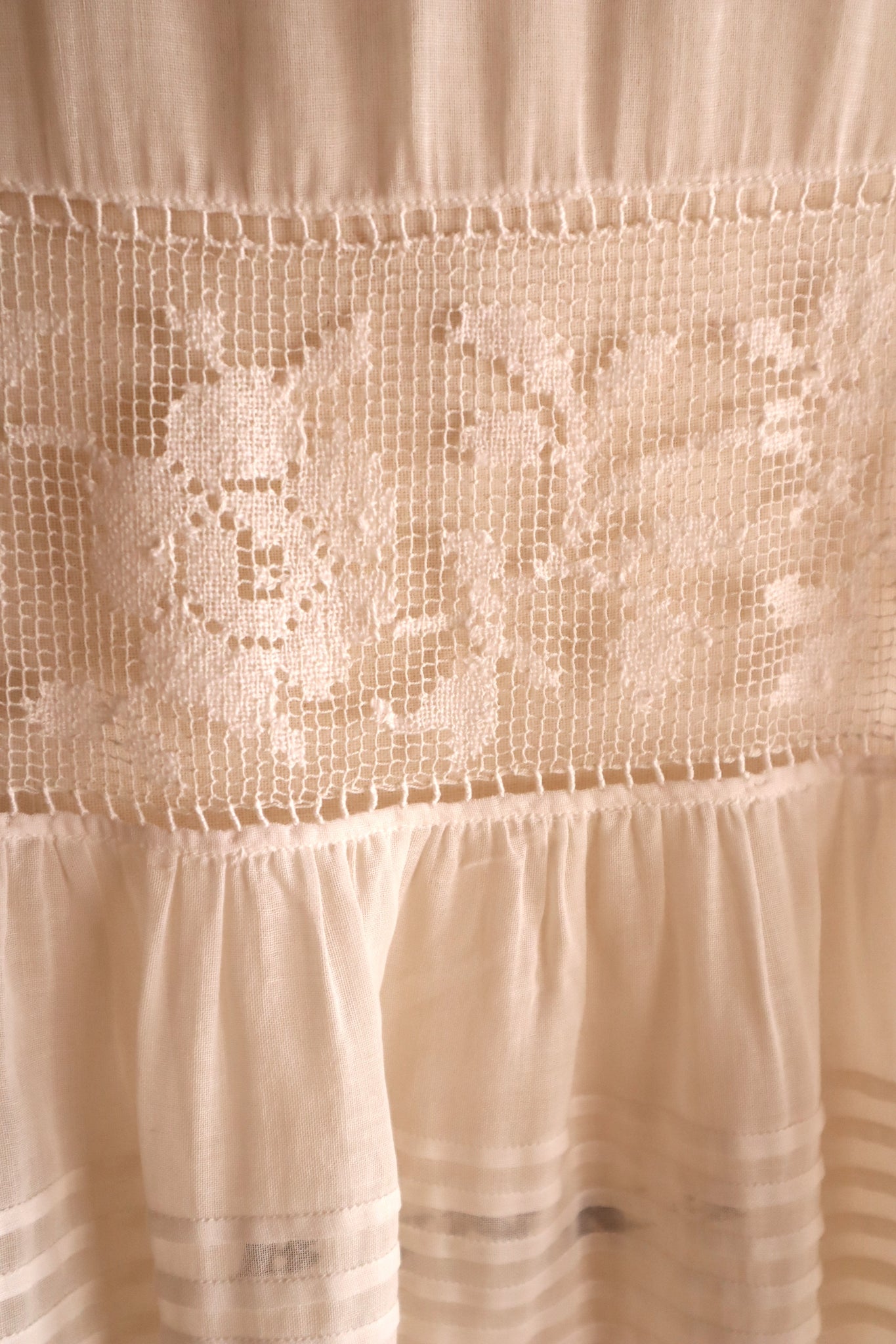 1920s Handwoven File Lace Insert Cotton Gauze Dress