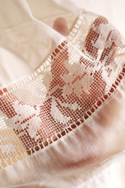 1920s Handwoven File Lace Insert Cotton Gauze Dress
