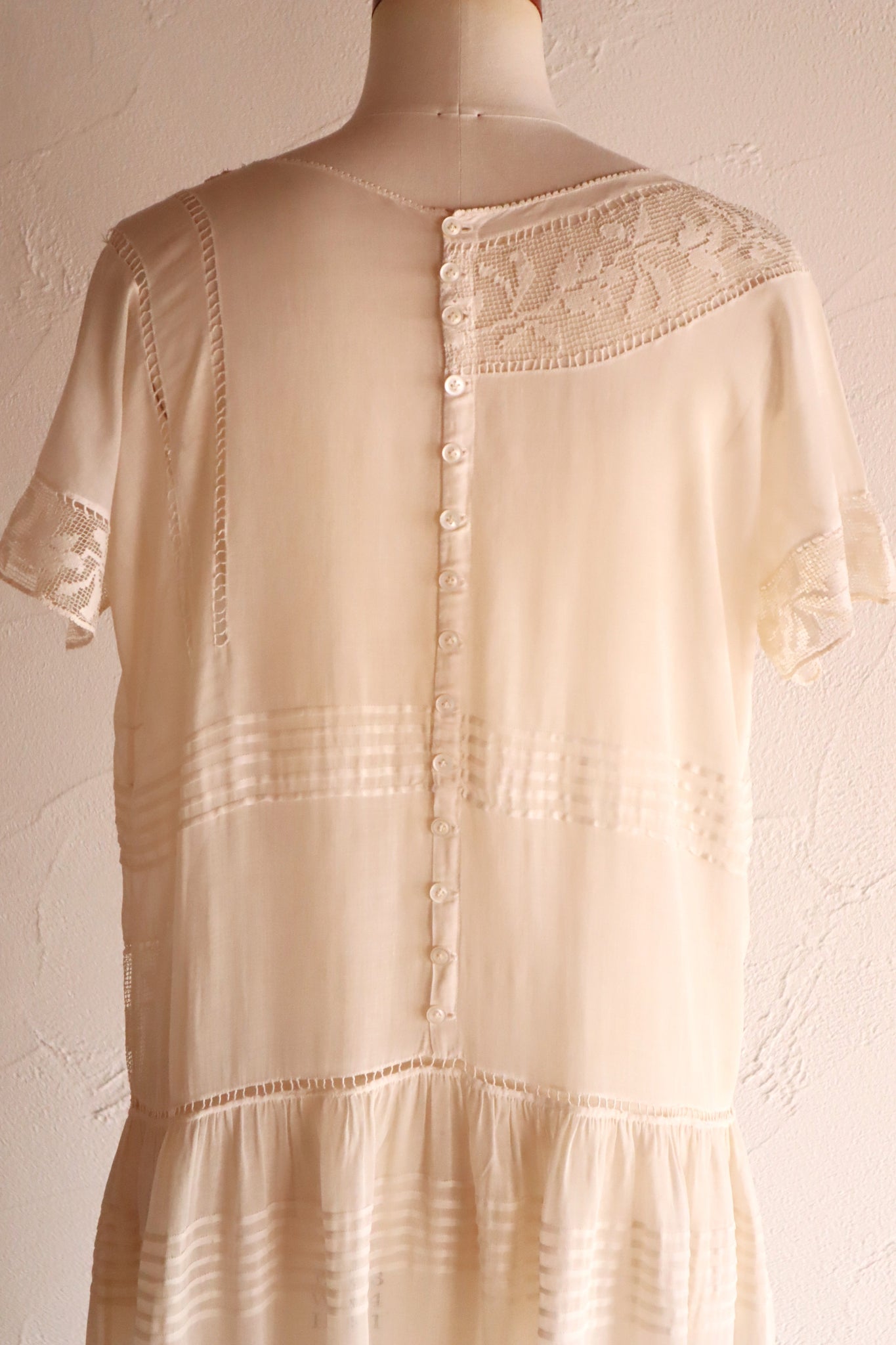 1920s Handwoven File Lace Insert Cotton Gauze Dress