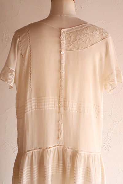 1920s Handwoven File Lace Insert Cotton Gauze Dress