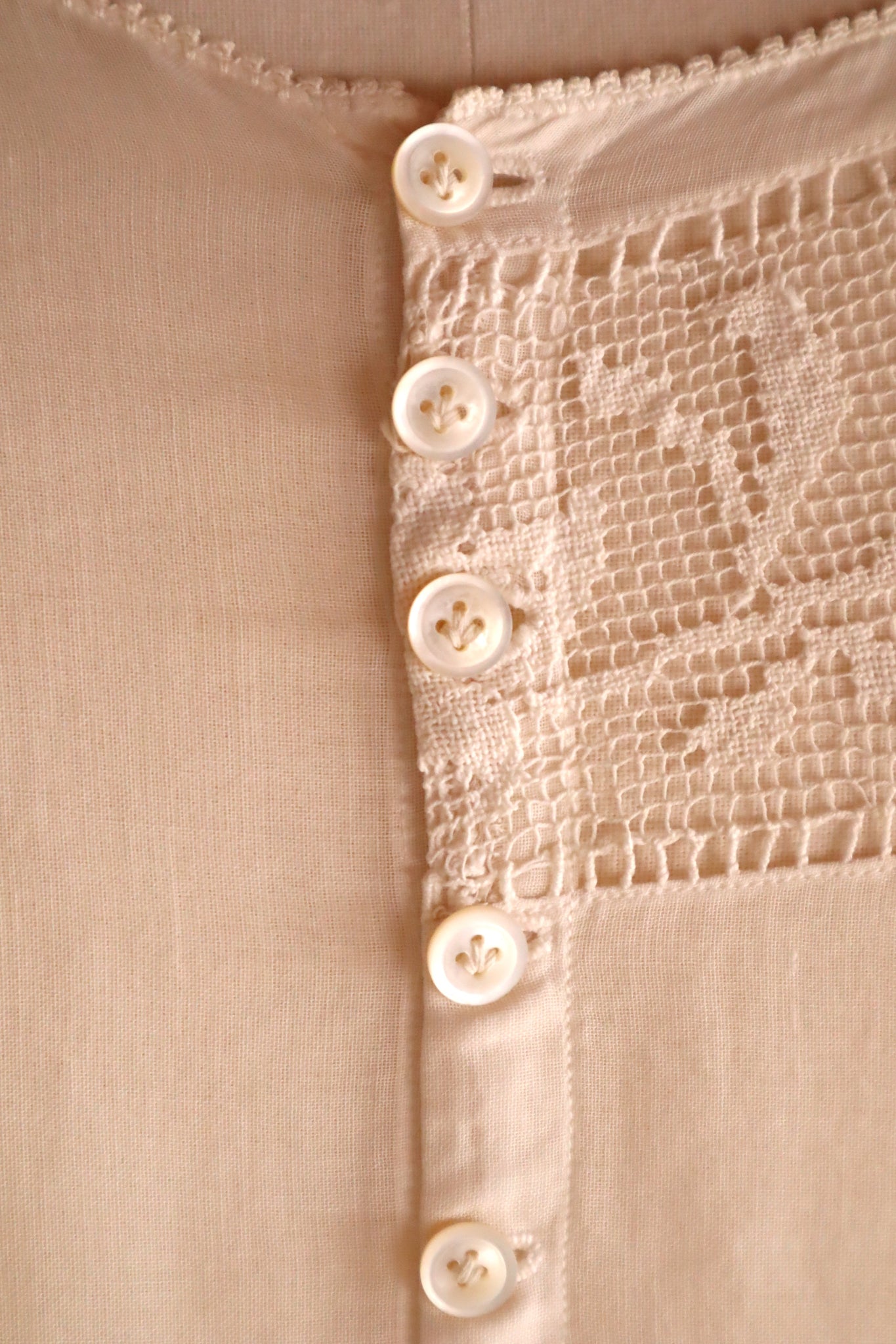 1920s Handwoven File Lace Insert Cotton Gauze Dress