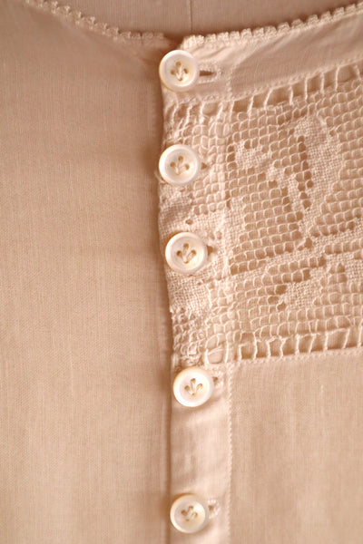 1920s Handwoven File Lace Insert Cotton Gauze Dress