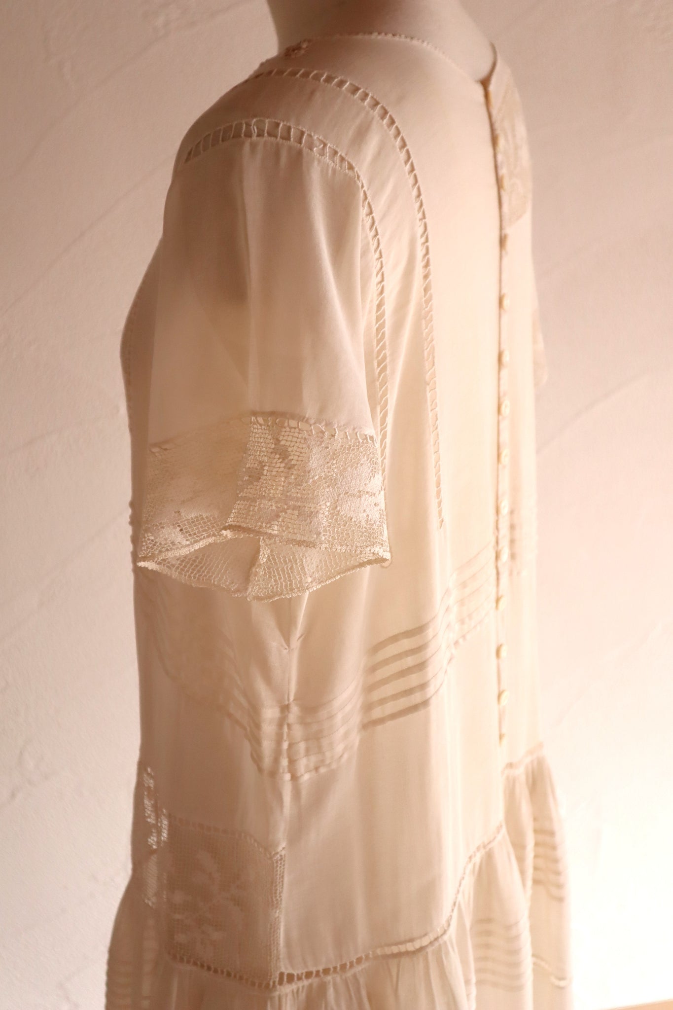 1920s Handwoven File Lace Insert Cotton Gauze Dress