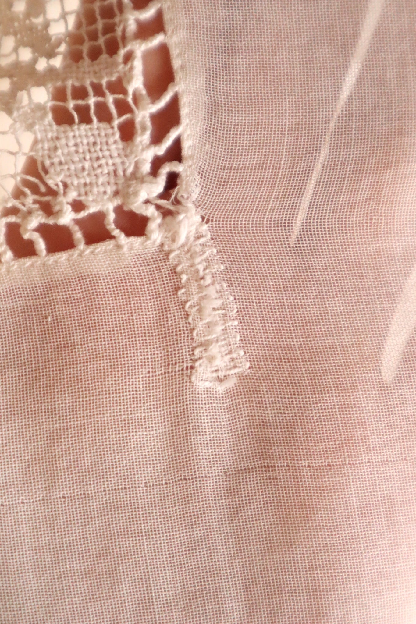 1920s Handwoven File Lace Insert Cotton Gauze Dress