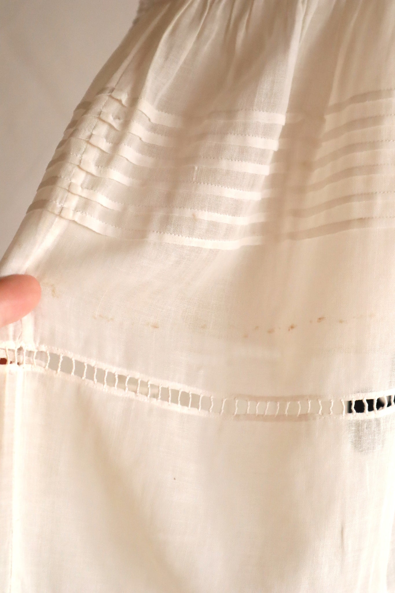 1920s Handwoven File Lace Insert Cotton Gauze Dress