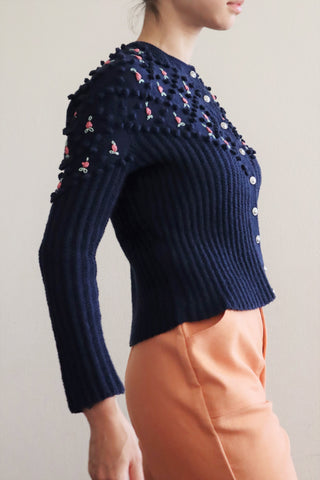 80s Pink Flower Embroidery Navy Austrian Cardigan