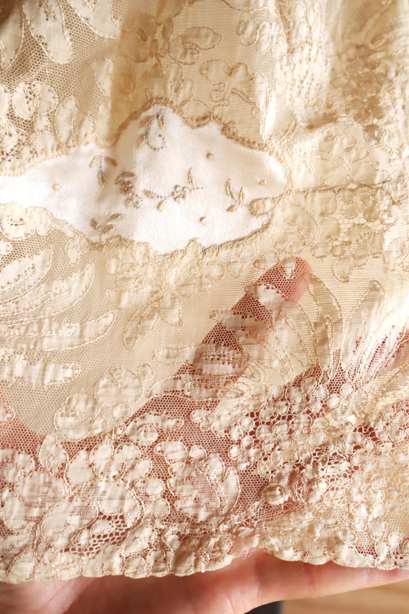 1930s French Silk Embroidered Lingerie Dress with Tulle Lace