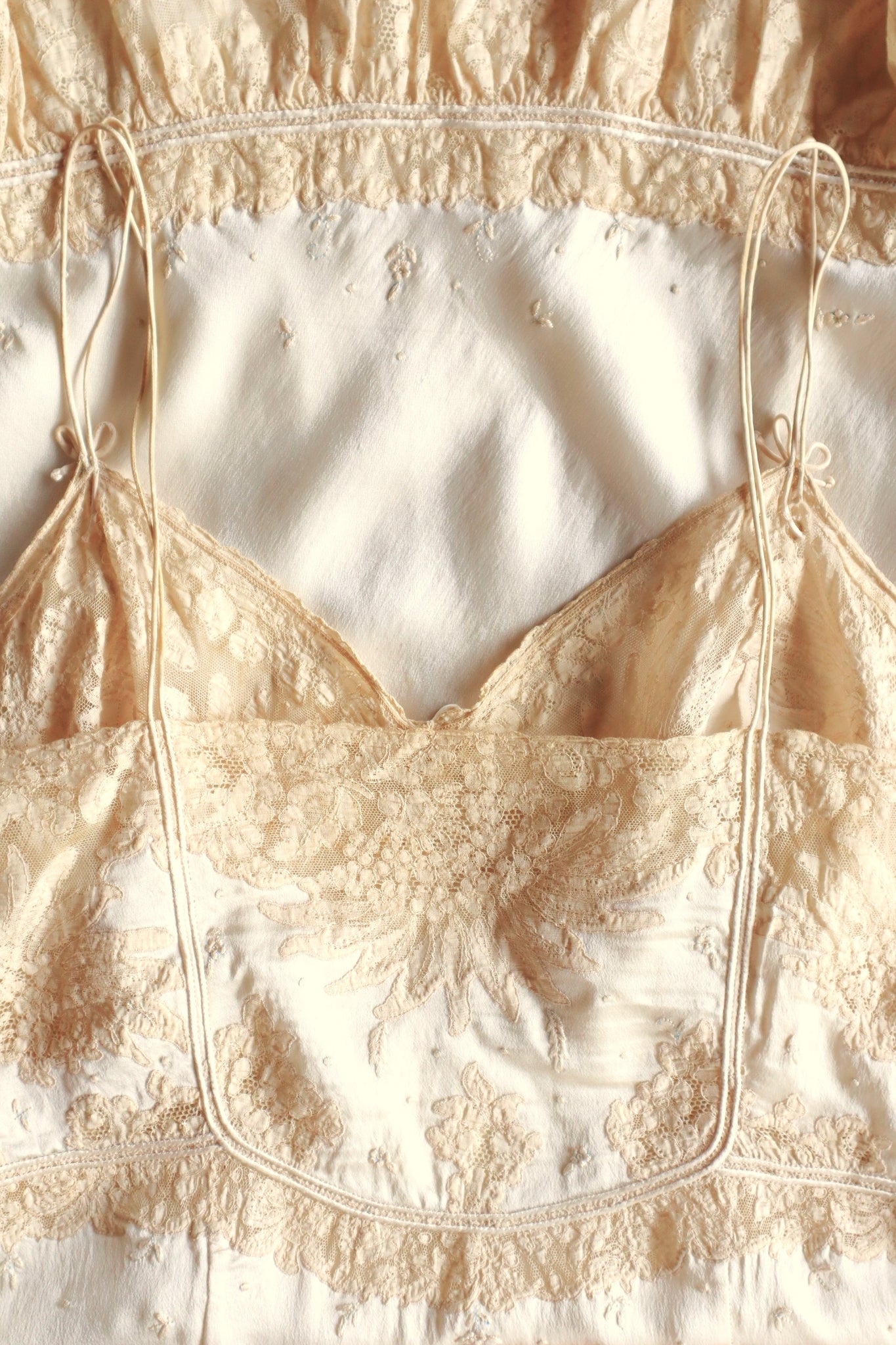 1930s French Silk Embroidered Lingerie Dress with Tulle Lace