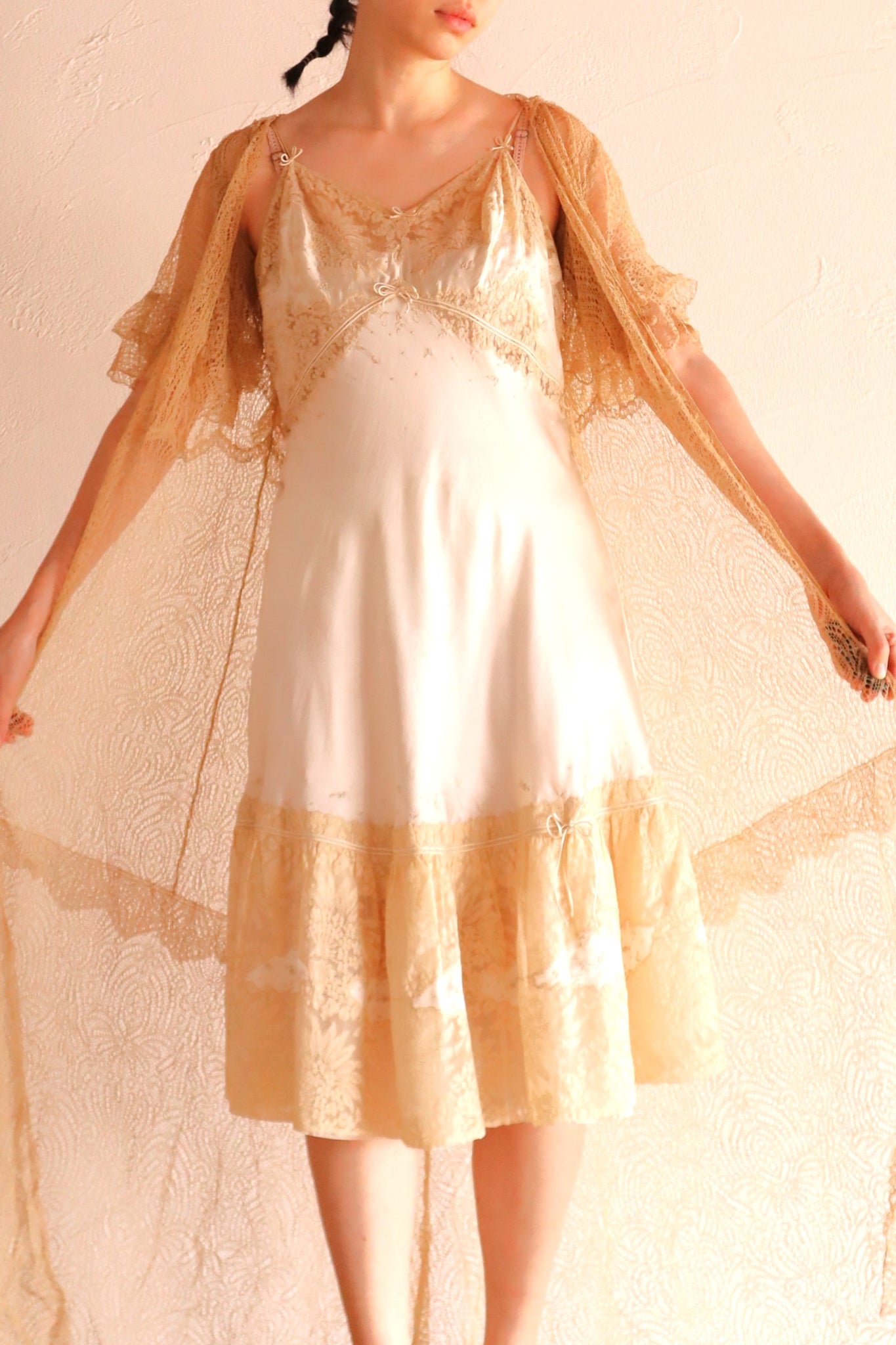1930s French Silk Embroidered Lingerie Dress with Tulle Lace