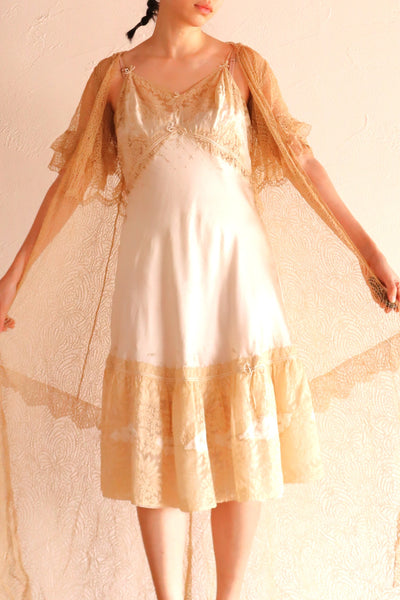 1930s French Silk Embroidered Lingerie Dress with Tulle Lace