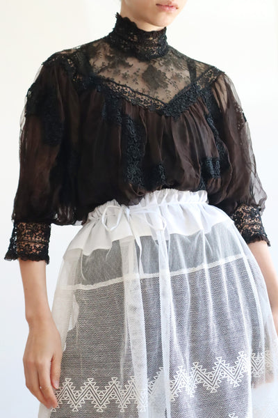 1900s Edwardian Black Chantilly Lace Silk Chiffon Blouse