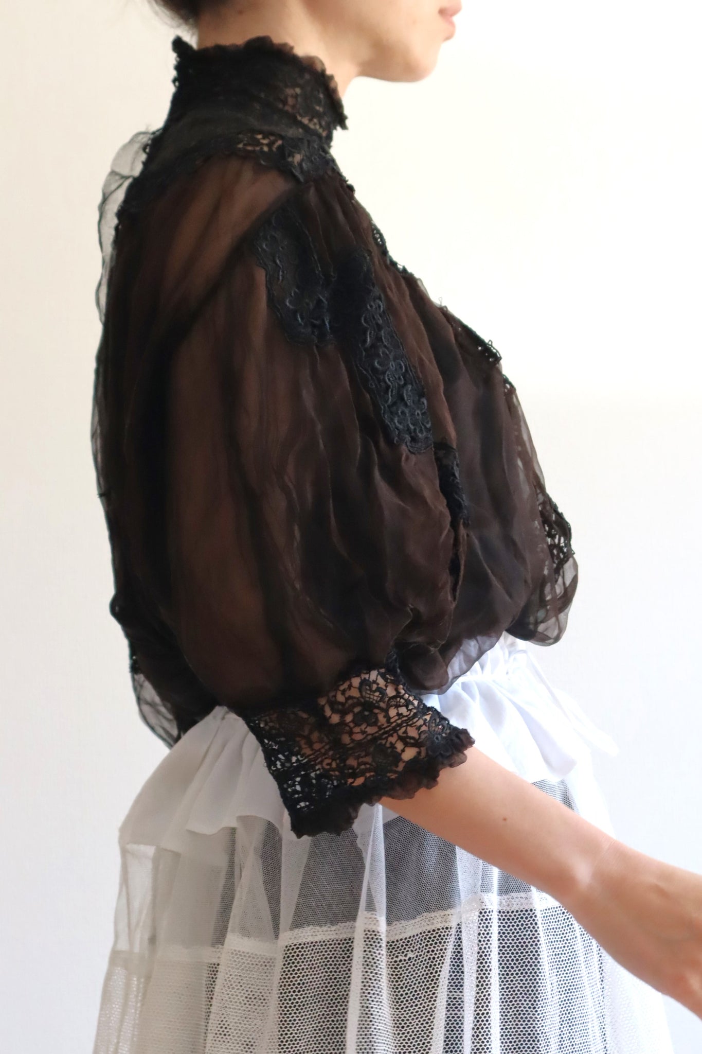 1900s Edwardian Black Chantilly Lace Silk Chiffon Blouse