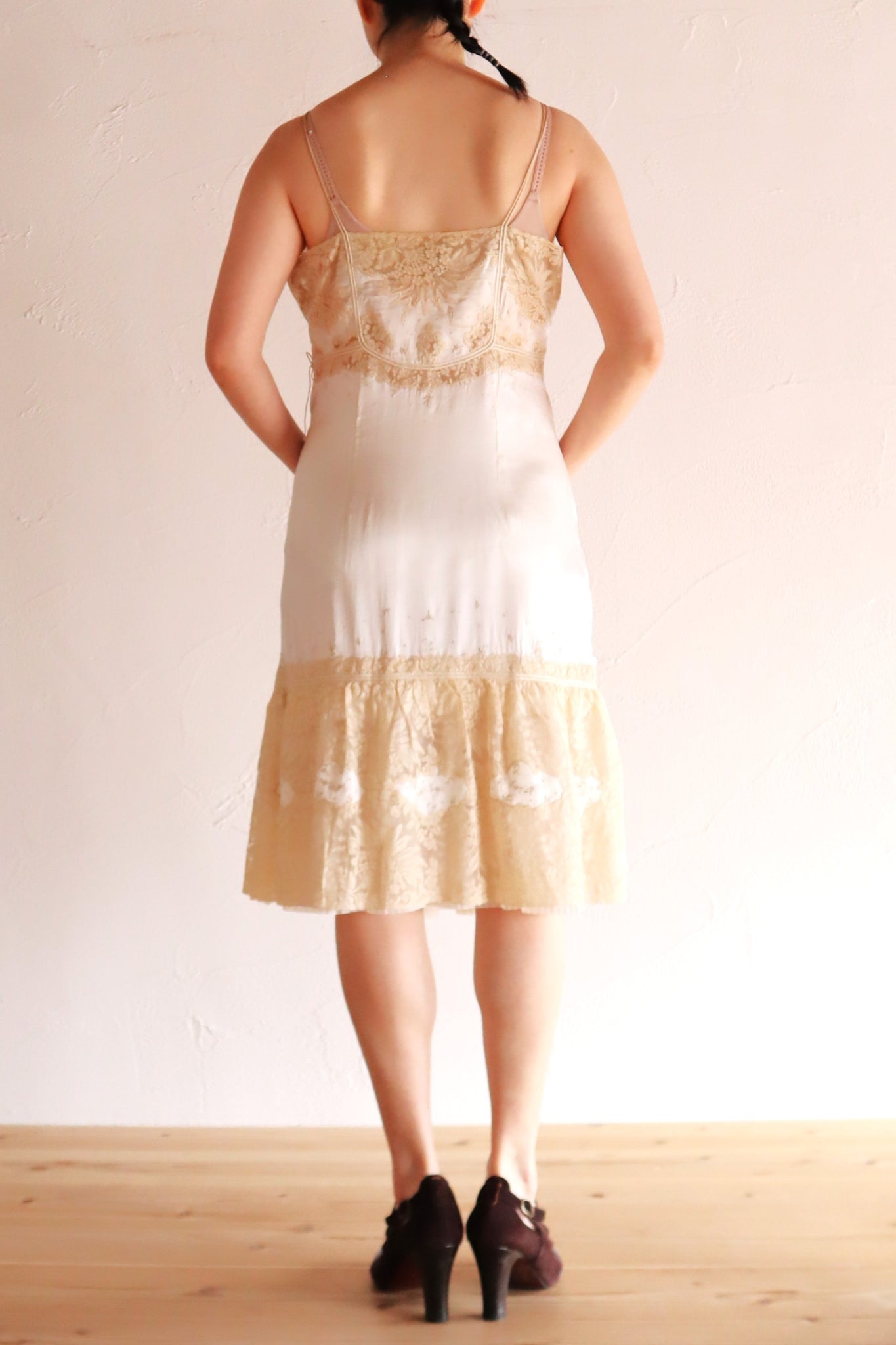1930s French Silk Embroidered Lingerie Dress with Tulle Lace