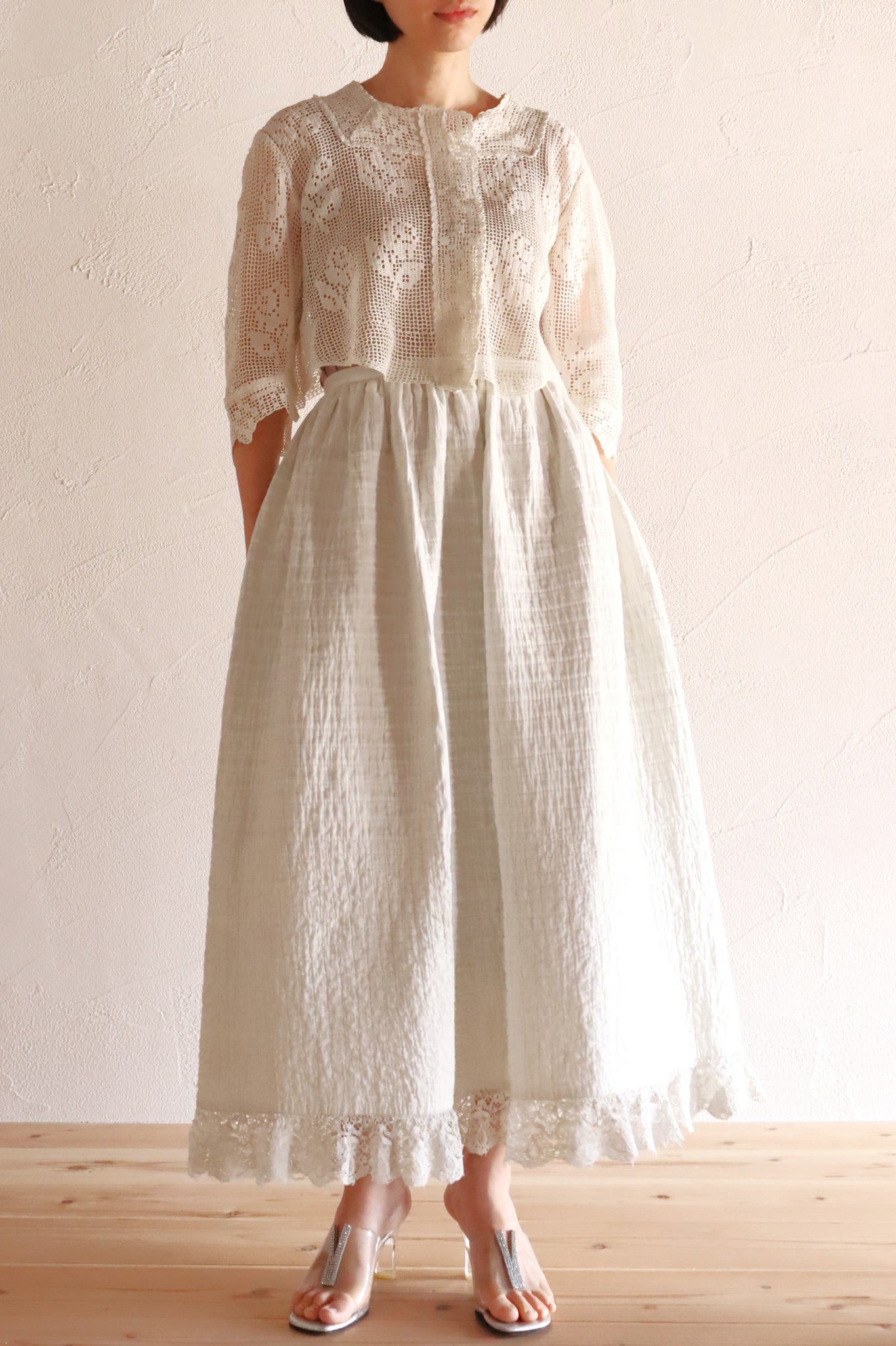 19th Hand Quilted White Cotton Skirt