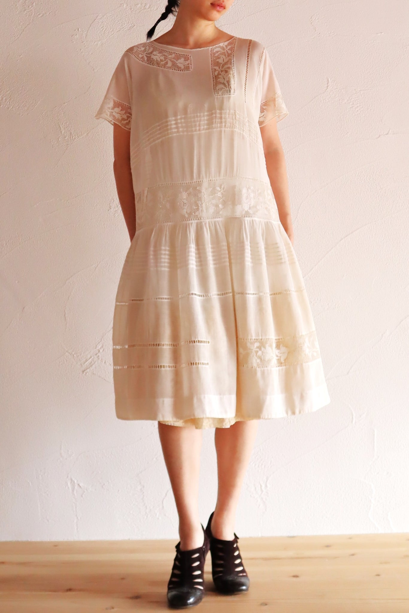 1920s Handwoven File Lace Insert Cotton Gauze Dress