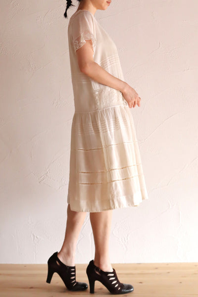 1920s Handwoven File Lace Insert Cotton Gauze Dress