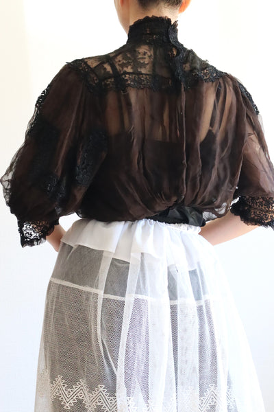 1900s Edwardian Black Chantilly Lace Silk Chiffon Blouse