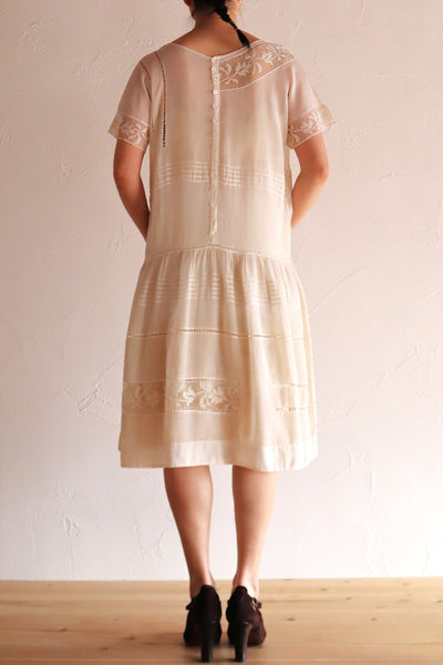 1920s Handwoven File Lace Insert Cotton Gauze Dress