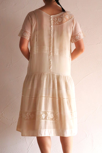 1920s Handwoven File Lace Insert Cotton Gauze Dress