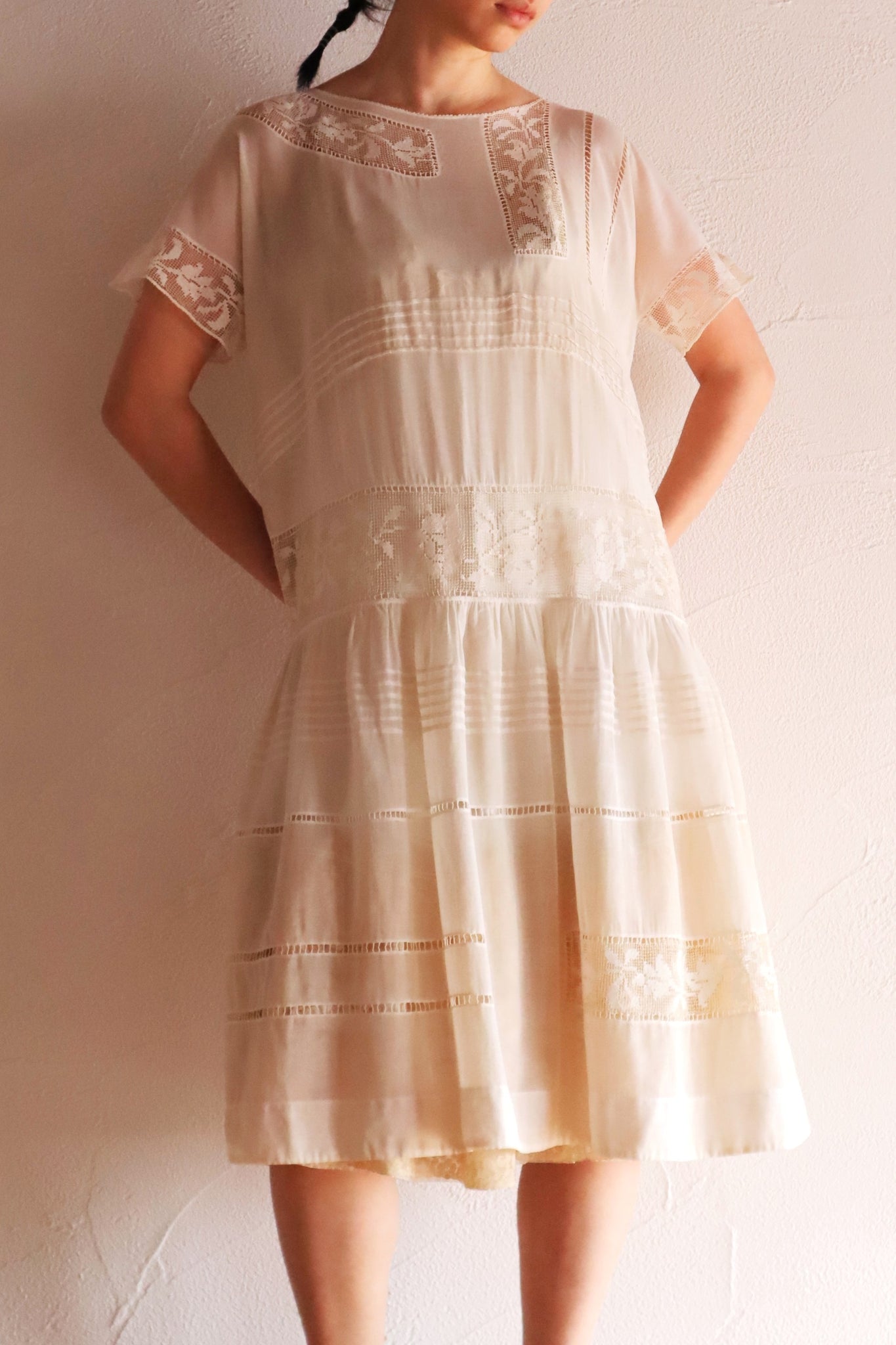 1920s Handwoven File Lace Insert Cotton Gauze Dress